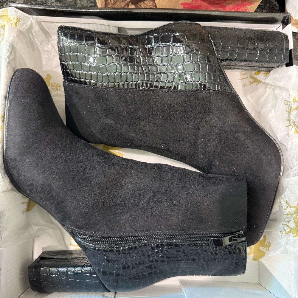 Black Ankle Boots with Chunky Heel and Croc Detail